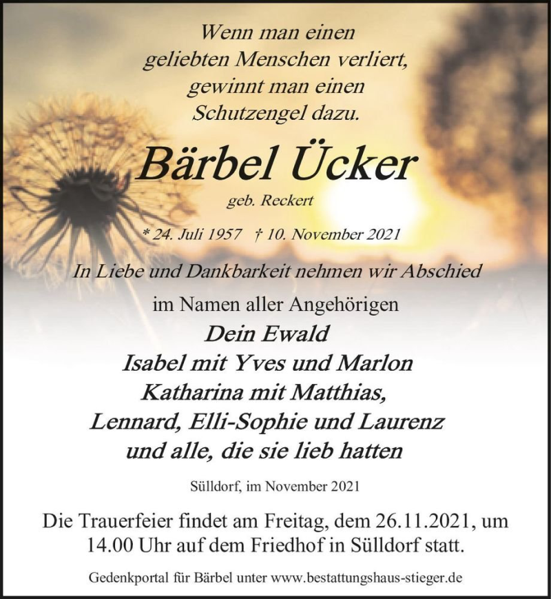  Traueranzeige für Bärbel Ücker (geb. Reckert)  vom 20.11.2021 aus Magdeburger Volksstimme