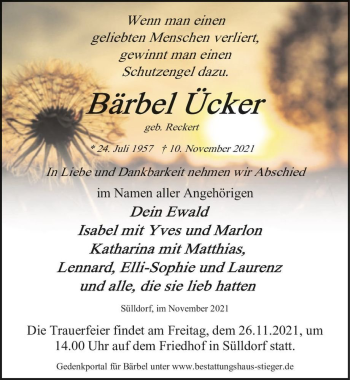 Traueranzeige von Bärbel Ücker (geb. Reckert)  von Magdeburger Volksstimme