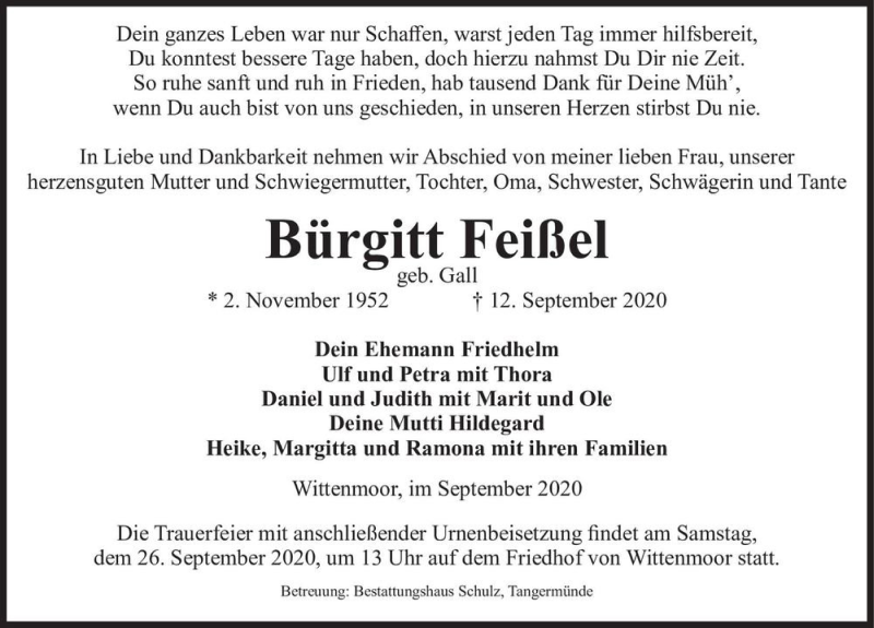  Traueranzeige für Bürgitt Feißel (geb. Gall)  vom 19.09.2020 aus Magdeburger Volksstimme