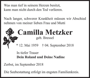 Traueranzeige von Camilla Metzker (geb. Bressel)  von Magdeburger Volksstimme