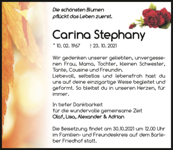 Traueranzeige von Carina Stephany  von Magdeburger Volksstimme