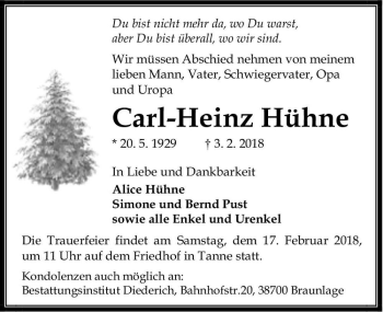 Traueranzeige von Carl-Heinz Hühne  von Magdeburger Volksstimme