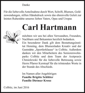 Traueranzeige von Carl Hartmann  von Magdeburger Volksstimme