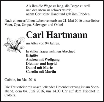 Traueranzeige von Carl Hartmann  von Magdeburger Volksstimme