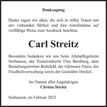 Traueranzeige von Carl Streitz  von Magdeburger Volksstimme