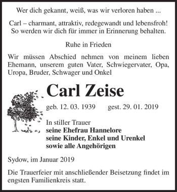 Traueranzeige von Carl Zeise  von Magdeburger Volksstimme