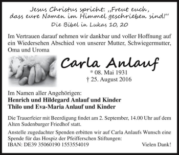 Traueranzeige von Carla Anlauf  von Magdeburger Volksstimme