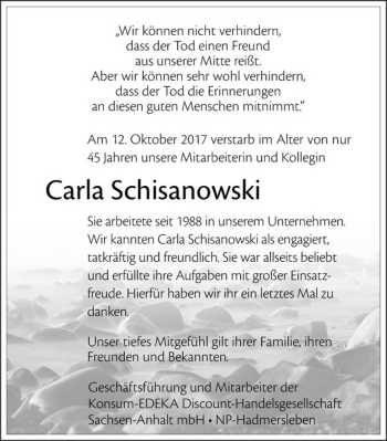 Traueranzeige von Carla Schisanowski  von Magdeburger Volksstimme