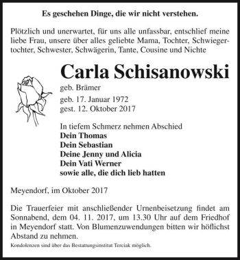 Traueranzeige von Carla Schisanowski (geb. Brämer)  von Magdeburger Volksstimme