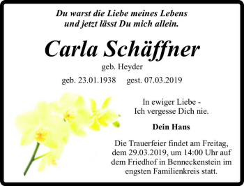 Traueranzeige von Carla Schäffner (geb. Heyder)  von Magdeburger Volksstimme