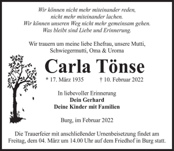 Traueranzeige von Carla Tönse  von Magdeburger Volksstimme