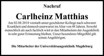 Traueranzeige von Carlheinz Matthias  von Magdeburger Volksstimme