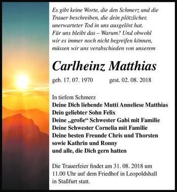 Traueranzeige von Carlheinz Matthias  von Magdeburger Volksstimme