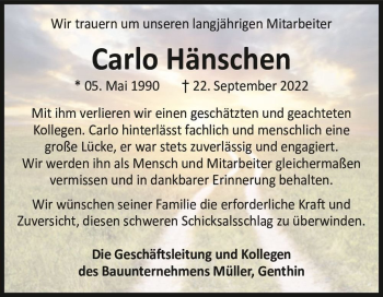 Traueranzeige von Carlo Hänschen  von Magdeburger Volksstimme