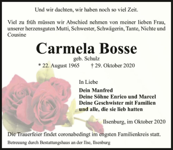 Traueranzeige von Carmela Busse (geb. Schulz)  von Magdeburger Volksstimme