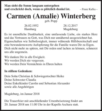 Traueranzeige von Carmen (Amalie) Winterberg (geb. Popp)  von Magdeburger Volksstimme