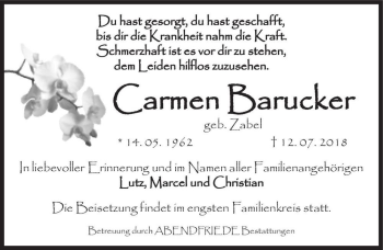 Traueranzeige von Carmen Barucker (geb. Zabel)  von Magdeburger Volksstimme