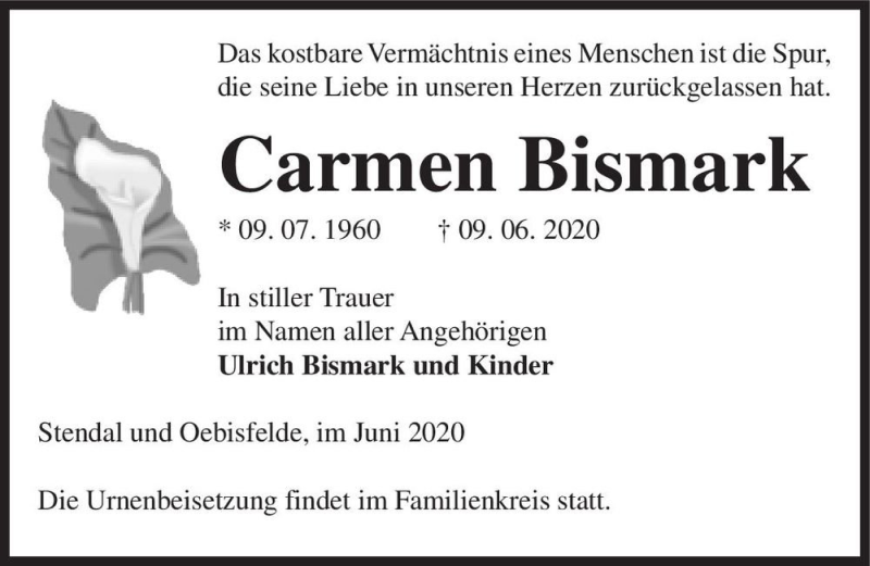  Traueranzeige für Carmen Bismark  vom 13.06.2020 aus Magdeburger Volksstimme