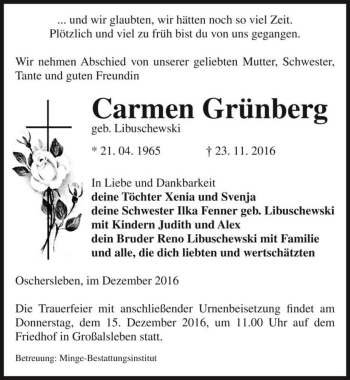 Traueranzeige von Carmen Grünberg (geb. Libuschewski)  von Magdeburger Volksstimme