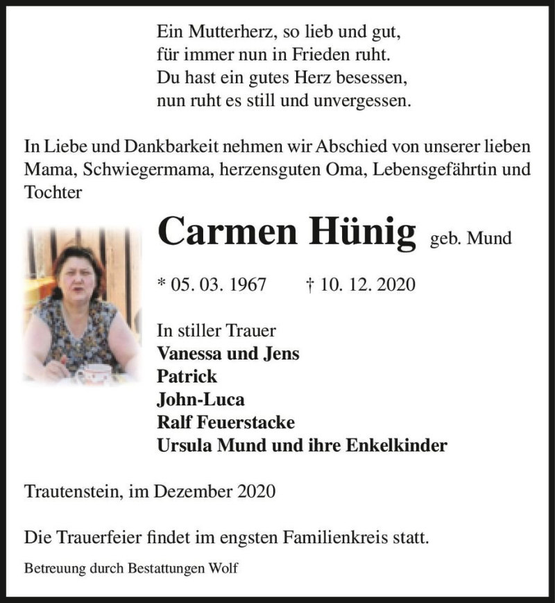  Traueranzeige für Carmen Hünig (geb. Mund)  vom 19.12.2020 aus Magdeburger Volksstimme