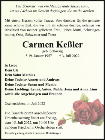 Traueranzeige von Carmen Keßler (geb. Schossig)  von Magdeburger Volksstimme