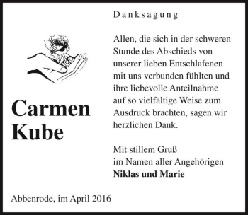 Traueranzeige von Carmen Kube  von Magdeburger Volksstimme