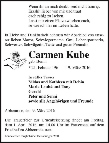 Traueranzeige von Carmen Kube (geb. Bonin)  von Magdeburger Volksstimme