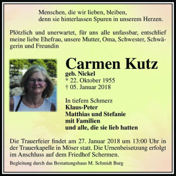 Traueranzeige von Carmen Kutz (geb. Nickel)  von Magdeburger Volksstimme