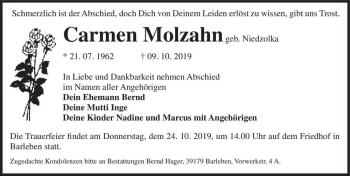 Traueranzeige von Carmen Molzahn (geb. Niedzolka)  von Magdeburger Volksstimme