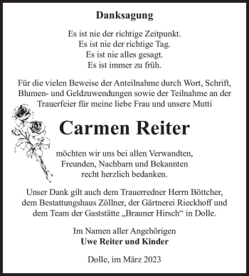 Traueranzeige von Carmen Reiter  von Magdeburger Volksstimme