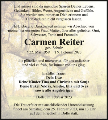 Traueranzeige von Carmen Reiter (geb. Schulz)  von Magdeburger Volksstimme
