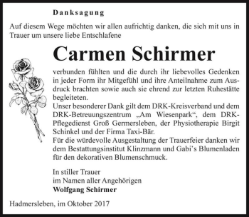 Traueranzeige von Carmen Schirmer  von Magdeburger Volksstimme