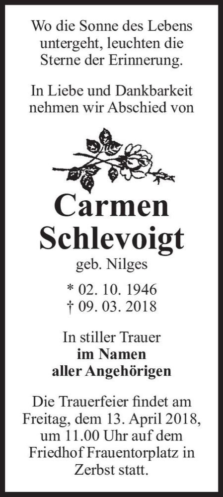  Traueranzeige für Carmen Schlevoigt (geb. Nilges)  vom 17.03.2018 aus Magdeburger Volksstimme