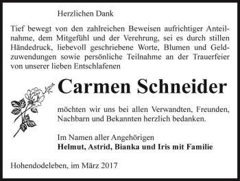 Traueranzeige von Carmen Schneider  von Magdeburger Volksstimme