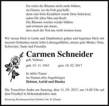 Traueranzeige von Carmen Schneider (geb. Vollmer)  von Magdeburger Volksstimme