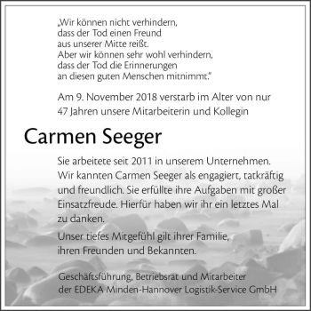 Traueranzeige von Carmen Seeger  von Magdeburger Volksstimme