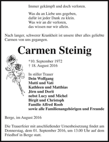 Traueranzeige von Carmen Steinig  von Magdeburger Volksstimme
