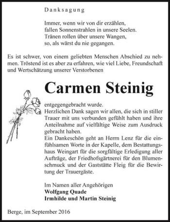 Traueranzeige von Carmen Steinig  von Magdeburger Volksstimme
