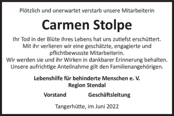 Traueranzeige von Carmen Stolpe  von Magdeburger Volksstimme