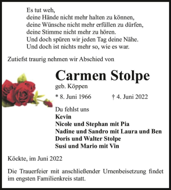 Traueranzeige von Carmen Stolpe (geb. Köppen)  von Magdeburger Volksstimme