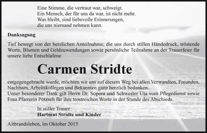  Traueranzeige für Carmen Stridte  vom 17.10.2015 aus Magdeburger Volksstimme
