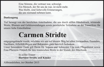 Traueranzeige von Carmen Stridte  von Magdeburger Volksstimme