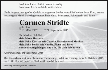 Traueranzeige von Carmen Stridte (geb. Horn)  von Magdeburger Volksstimme