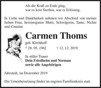 Traueranzeige von Carmen Thoms (geb. Kirchhoff)  von Magdeburger Volksstimme