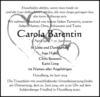 Traueranzeige von Carola Barentin  von Magdeburger Volksstimme