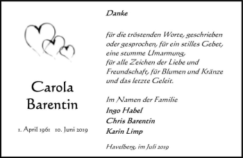 Traueranzeige von Carola Barentin  von Magdeburger Volksstimme