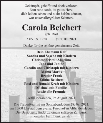 Traueranzeige von Carola Beichert (geb. Rost)  von Magdeburger Volksstimme