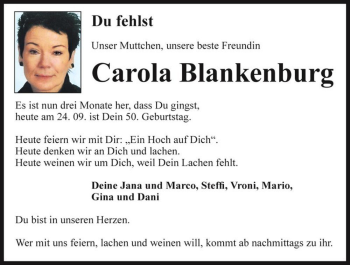 Traueranzeige von Carola Blankenburg  von Magdeburger Volksstimme