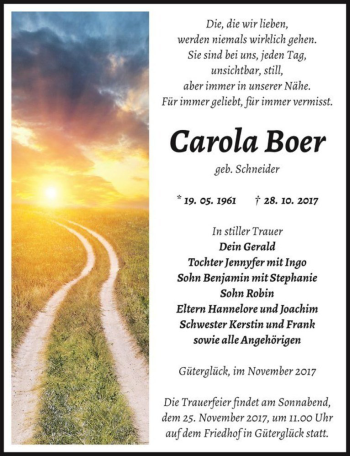 Traueranzeige von Carola Boer (geb. Schneider)  von Magdeburger Volksstimme