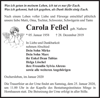 Traueranzeige von Carola Feßel (geb. Nathow)  von Magdeburger Volksstimme